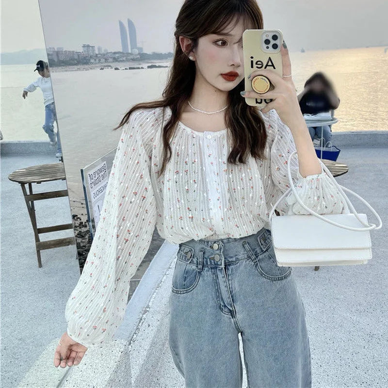 Women Blouses Floral Single Breasted O-neck Chiffon Patchwork Sweet Tender Elegant Lantern Sleeve Ulzzang Fairy Retro Shirts New