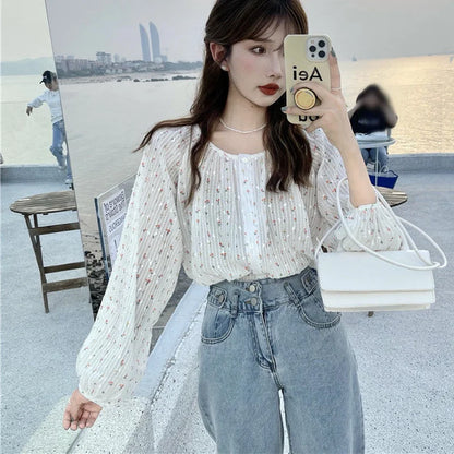 Women Blouses Floral Single Breasted O-neck Chiffon Patchwork Sweet Tender Elegant Lantern Sleeve Ulzzang Fairy Retro Shirts New