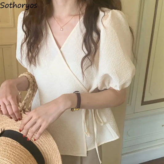 Blouses Women Summer Korean Style V-neck Design Simple Puff Sleeve Leisure Lace-up All-match Vintage Elegant Daily Trendy Tops