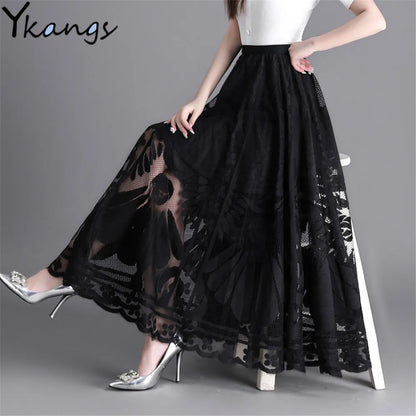 Elegant High Waist Lace Skirt Women'S New A-Word Black Long Skirt Office Ladies Big Swing Gauze Hollow Pleated Skirt Streetwear