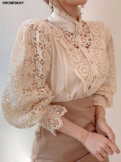 Versatile Super Elegant Women Floral Lace Fluffy Long Sleeve Blouse