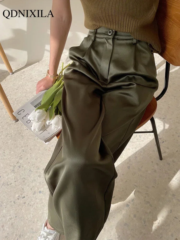 Ice silk Satin Women's Wide Leg, High Waist Pants