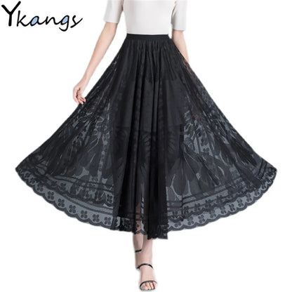 Elegant High Waist Lace Skirt Women'S New A-Word Black Long Skirt Office Ladies Big Swing Gauze Hollow Pleated Skirt Streetwear