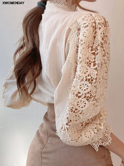 Versatile Super Elegant Women Floral Lace Fluffy Long Sleeve Blouse