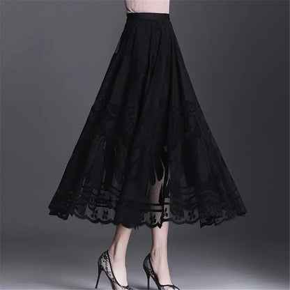 Elegant High Waist Lace Skirt Women'S New A-Word Black Long Skirt Office Ladies Big Swing Gauze Hollow Pleated Skirt Streetwear