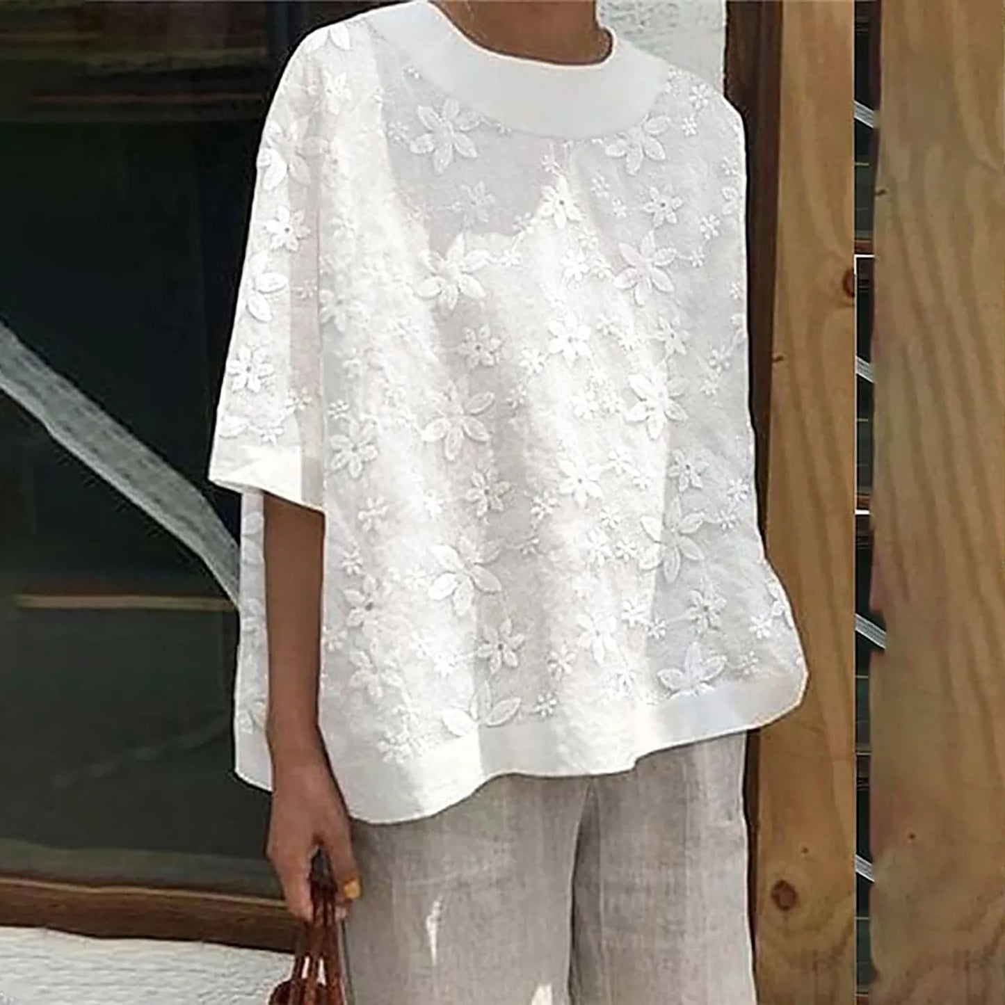 Summer Cotton Linen Lace Patchwork Women Shirts Summer New Elegant White Half Sleeve Loose Casual Streetwear Basic Tops Blouses