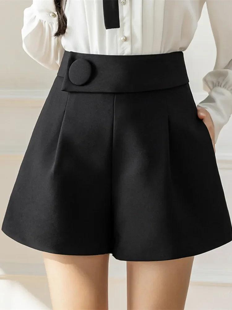 New Fashion Buttons Formal Women's Shorts Solid Wide Leg Shorts Korean Style Elegant Casual Chic Trousers Pockets Summer