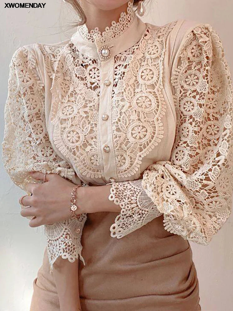 Versatile Super Elegant Women Floral Lace Fluffy Long Sleeve Blouse