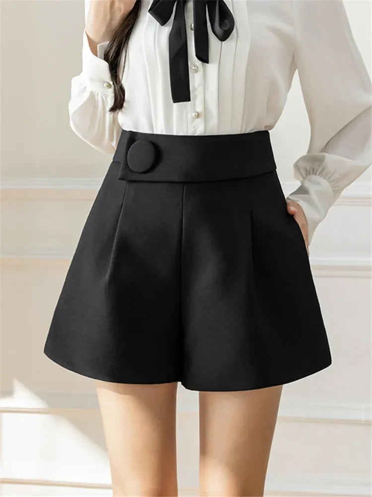 New Fashion Buttons Formal Women's Shorts Solid Wide Leg Shorts Korean Style Elegant Casual Chic Trousers Pockets Summer
