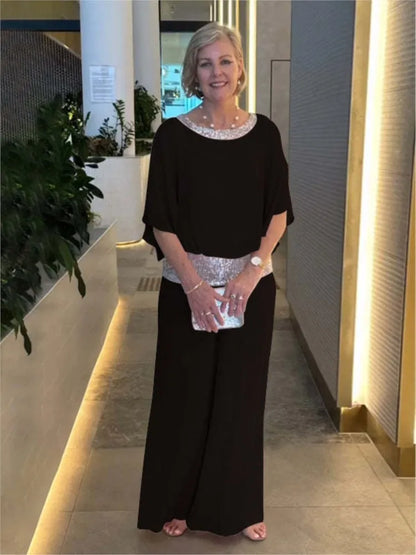 Fashion Sequin Splicing Chiffon Shirt Women's Bat Short Sleeved Suit Summer New Wide Leg Pants Elegant Female Office 2 Piece Set