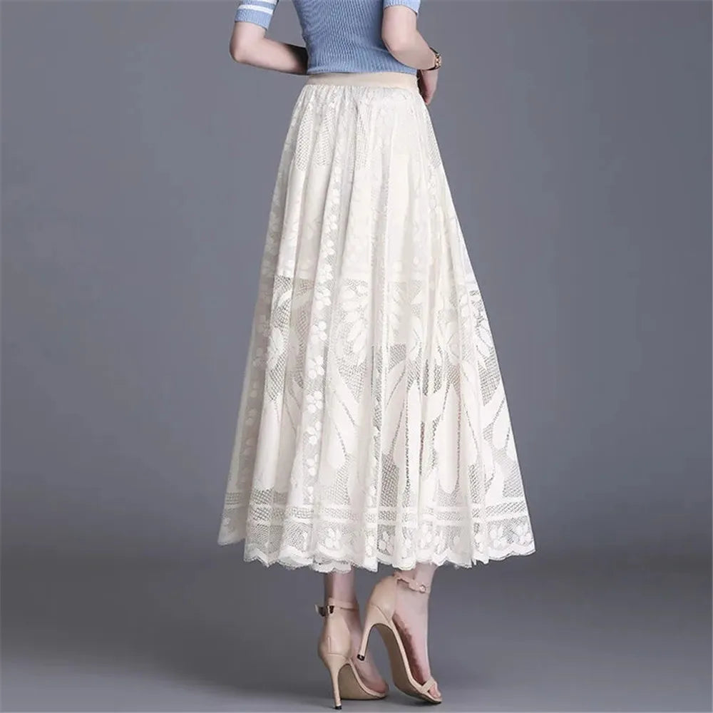 Elegant High Waist Lace Skirt Women'S New A-Word Black Long Skirt Office Ladies Big Swing Gauze Hollow Pleated Skirt Streetwear