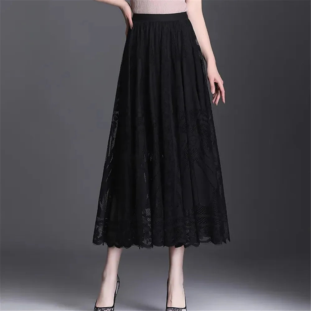 Elegant High Waist Lace Skirt Women'S New A-Word Black Long Skirt Office Ladies Big Swing Gauze Hollow Pleated Skirt Streetwear
