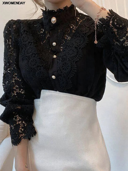 Versatile Super Elegant Women Floral Lace Fluffy Long Sleeve Blouse