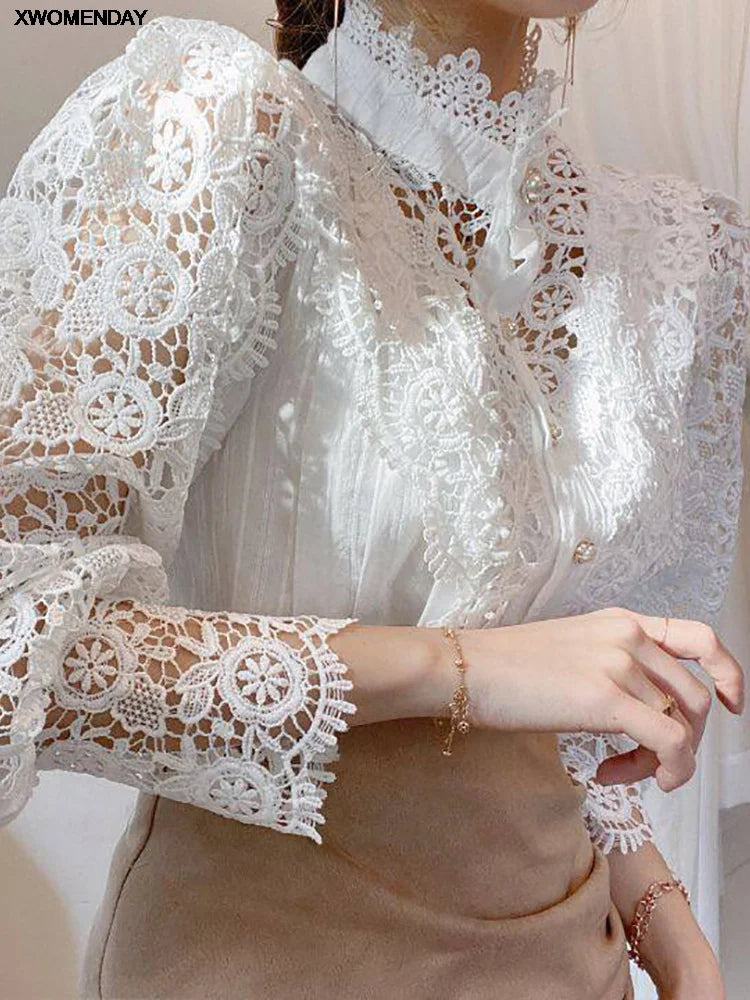 Versatile Super Elegant Women Floral Lace Fluffy Long Sleeve Blouse